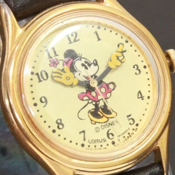 Lorus Ladies Mini Mouse Watch Gold Tone Case New Brown Leather Strap And Battery